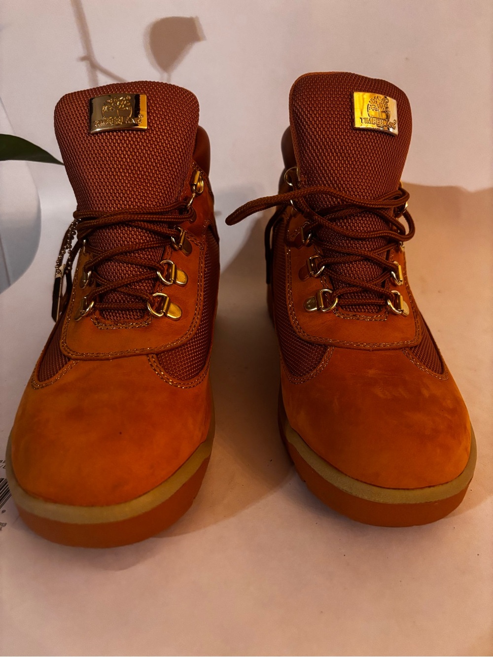 Timberland Men's Orange/Tan Work Boots with Gold Accents